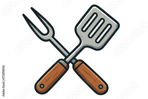 BBQ grilling tools crossed fork and spatula icon. Flat style vector cartoon illustration with wooden handles. Barbecue utensil set for grilling, cooking, outdoor kitchen, and summer BBQ party design