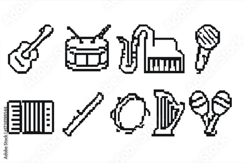 Pixel style musical instrument silhouette icons set including electric guitar, drum kit, saxophone, grand piano, microphone, accordion, flute, trumpet, tambourine, harp, and maracas vector