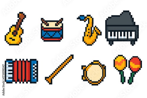 Colorful pixel style musical icons set with guitar, drum, saxophone, piano, accordion, flute, tambourine, harp, trumpet, maracas, microphone, retro 8-bit vector designs