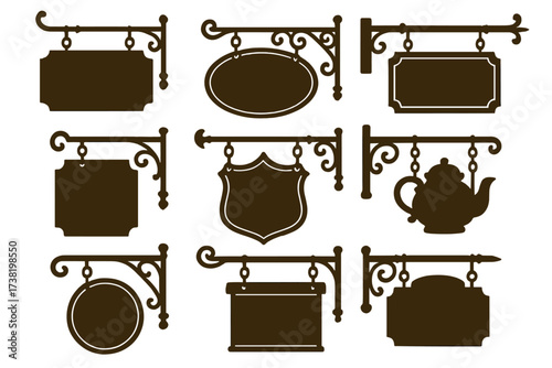 Vintage signboard set silhouette style vector illustration, cartoon decorative hanging signs design with transparent background, classic shop signs collection, old-fashioned board pack