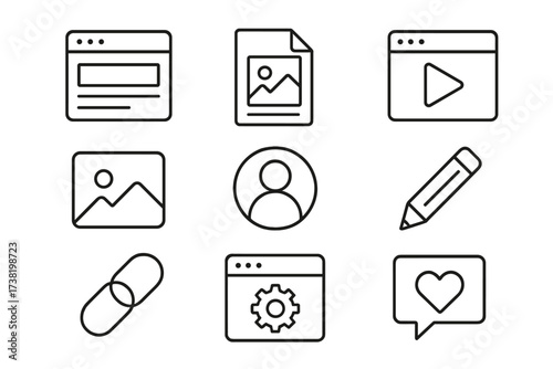 Thin line vector icons set of web page elements, online content symbols, outline graphic illustration with user profile, image, video, editing, link, settings, and love message icons