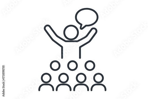 Thin line vector icon of person speaking with arms raised to an audience, communication, leadership, public speaking, crowd interaction, outline graphic illustration with transparent background