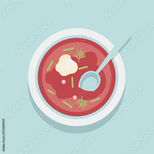 Borscht Soup with Sour Cream and Dill in White Bowl