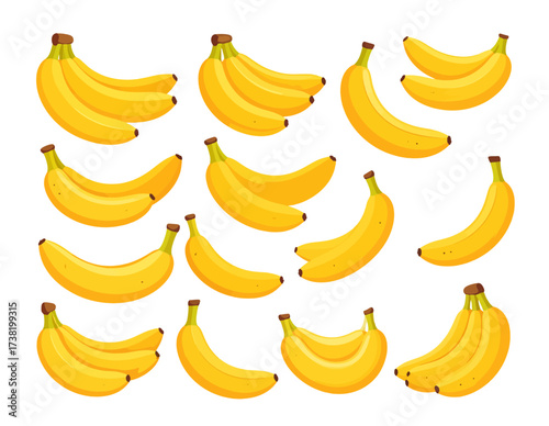 A vibrant collection of fresh yellow banana bunches and individual bananas arranged against a clean white background, showcasing various forms.