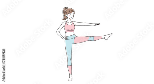 Illustration of a woman practicing balance pose for fitness and wellness routine isolated