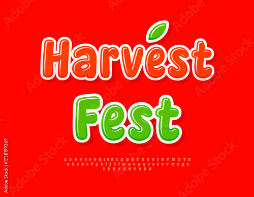 Vector Seasonal poster Harvest Fest. Glossy Red Font. Funky Alphabet Letters and Numbers set.