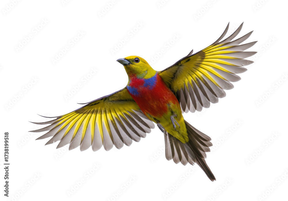 Fototapeta premium Isolated adult male Painted Bunting in flight, close-up of colorful passerine bird spreading wings