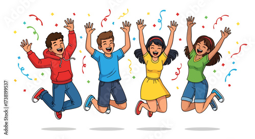 Illustrative joyous celebration: Vibrant young people jumping amidst colorful confetti showers