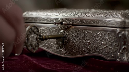 Elegant Hand Inserts Ornate Brass Key into Silver Jewelry Box
