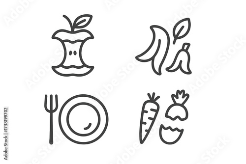 Organic waste and food compost thin line icons. Eaten apple core, banana peel, finished healthy meal with fork and plate, carrot and vegetable scraps illustration.