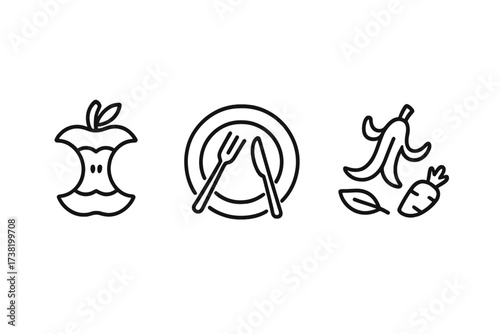 Organic waste vector icon outline linear stroke, food compost concept with eaten apple core, finished healthy meal symbol, eco-friendly nutrition illustration