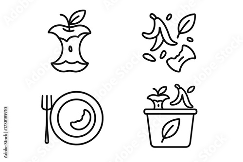 Organic waste and food compost vector thin line icons set, eaten apple core, banana peel, discarded food, eco-friendly healthy meal disposal, sustainable gardening illustration