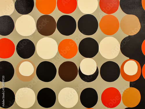 Seamless pattern of colorful polka dots in orange, black and beige on cream background
