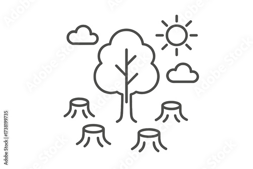 Thin line vector icon of deforestation with full tree surrounded by cut tree stumps, sun and clouds in the sky, forest destruction concept, environmental impact illustration