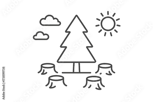 Vector thin line icon of deforestation with full tree surrounded by multiple cut tree stumps under sky with sun and clouds, forest destruction concept, environmental impact
