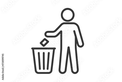 Thin line icon of person disposing trash in bin, minimalistic outline vector illustration of waste management, linear stroke design with transparent background, cleanliness concept