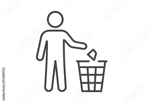 Thin line vector icon of person disposing waste in trash bin, linear stroke illustration of environmental cleanliness, recycling, and responsible garbage disposal, transparent background