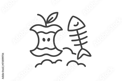 Organic waste compost icon. Thin line vector illustration of food compost with eaten apple core and fish bones. Outline linear style with transparent background for eco, recycling concepts.