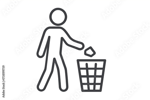 Thin line vector icon of person disposing trash in bin, linear stroke illustration of waste disposal, eco-friendly rubbish management symbol, transparent background