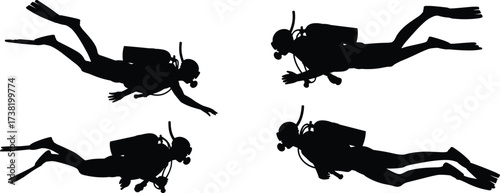 Scuba diver silhouettes, underwater motion, diving gear, fins, oxygen tank, marine sport, swimming pose, aquatic activity, snorkel mask, black outline