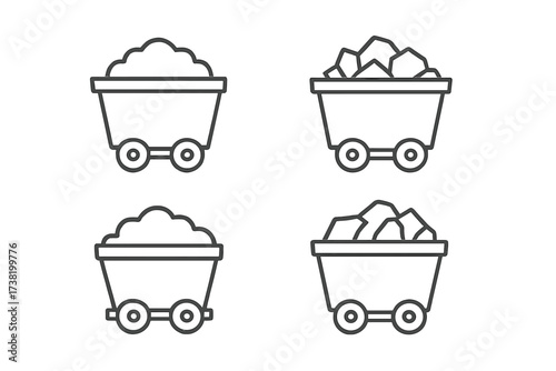 Vector thin line mine carts with coal and minerals, outline linear stroke set of mineral coal minecart icons, transparent background, industrial mining transport illustration