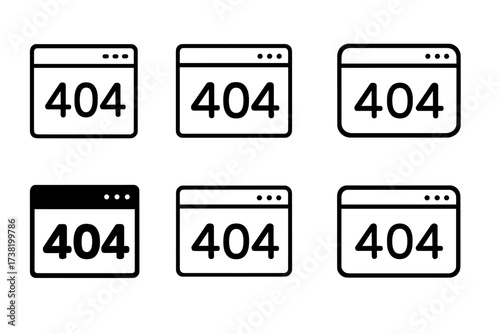 Web page layout with 404 error icons in eight styles, vector illustration of website not found message in browser windows with transparent background, set of error page designs