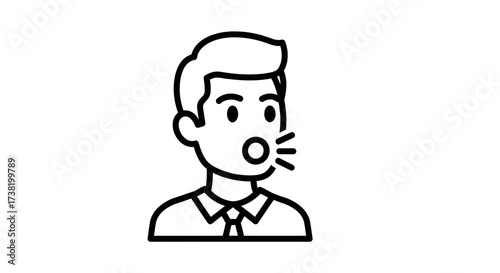 Line art illustration of a man speaking or shouting with sound waves emanating