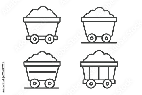 Thin line vector icon set of mineral and coal mine carts, outline linear stroke illustrations, transparent background, mining transport, industrial mining equipment, ordered collection