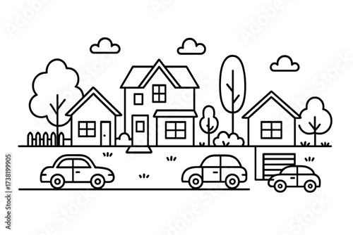 Charming suburban illustration of a quiet neighborhood street. Line art vector graphic of houses, cars, and trees. Concept for real estate, community, and housing development.