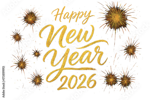 Happy New Year 2026 greeting. Golden calligraphic lettering with brush paint texture. Vector illustration for New Year's Eve celebration with shiny gold fireworks background.