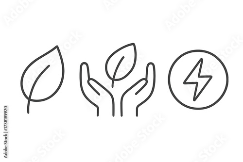 Green energy vector icon set. Sustainable and renewable power concept. Ecology, environment, and nature conservation. Leaf in hand and lightning bolt simple line art symbols.