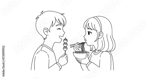 Minimalist illustration of a couple enjoying Japanese street food and bonding over shared meal