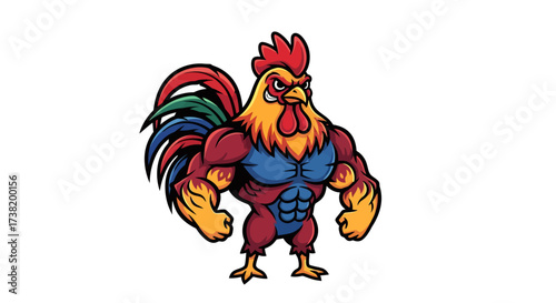 Muscular rooster cartoon character with a powerful build and vibrant colors for design