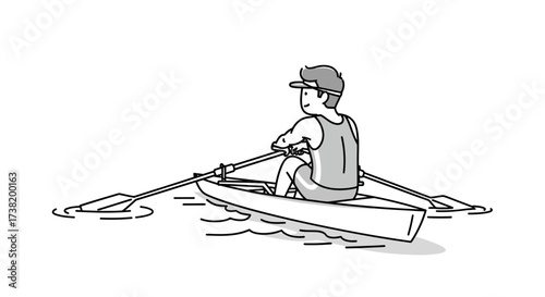 Monochrome vector drawing depicting a man rowing a shell on calm water under daylight