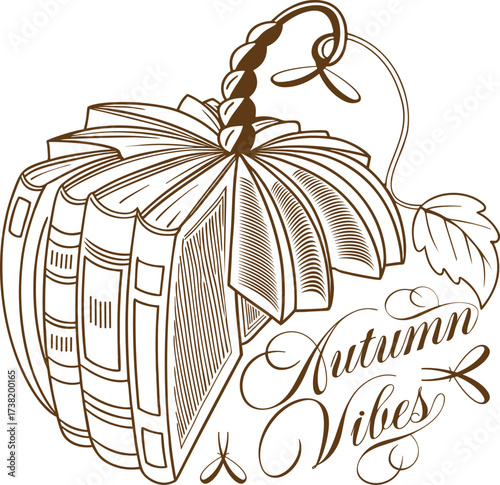 A unique stylized drawing of a pumpkin constructed from layered open books, combining autumn vibes with literary creativity. Perfect for seasonal artwork, educational concepts, or fall-themed designs.
