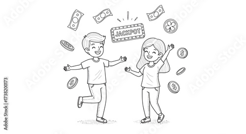 Outline illustration of happy couple winning a jackpot with falling money and coins sketch style