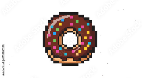 Pixelated confectionery delight: A tempting chocolate donut with vibrant sprinkles illustration