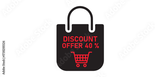 A black shopping bag graphic with red text announcing a discount offer and a small red shopping cart icon.