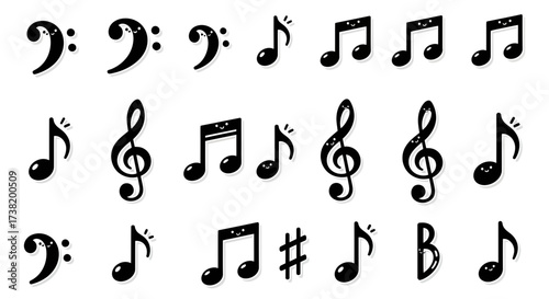 Playful musical notes with charming expressions create whimsical harmony and delight