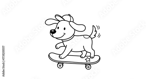 Playful puppy cartoon character riding a skateboard with a baseball cap smiling