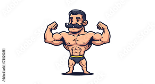 Retro bodybuilder flexing muscles with classic mustache and strong physique illustration
