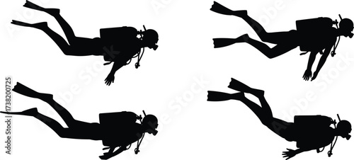 Scuba diver silhouettes, underwater motion, diving gear, fins, oxygen tank, aquatic activity, marine exploration, swimming pose, ocean sport, black outline