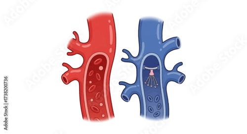 Simplified anatomical depiction of blood vessels showcasing valves, arteries and veins