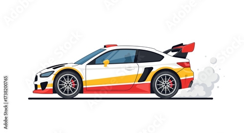 Sleek Vector Illustration of a Modern Racing Car with Dynamic Smoke Effect on White Backdrop