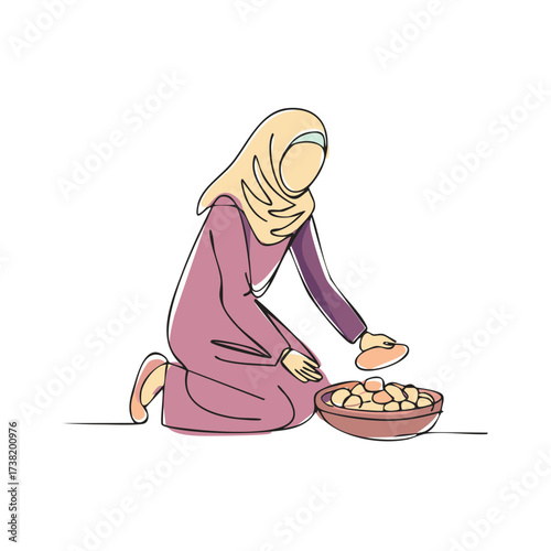 Woman in hijab offering bread from bowl concept of generosity sharing donation charity or zakat modern line drawing