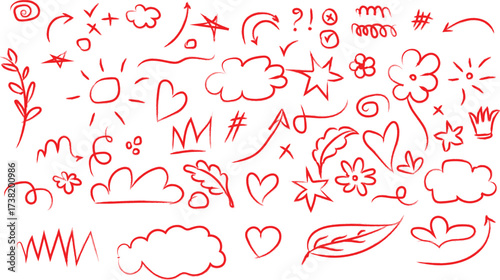 Whimsical red doodles flow beautifully across a clean white background, perfect for adding a playful and creative touch to your designs and projects