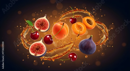 Surreal Artistic Composition of Floating Brandied Fruits | Liquid Brandy Splash