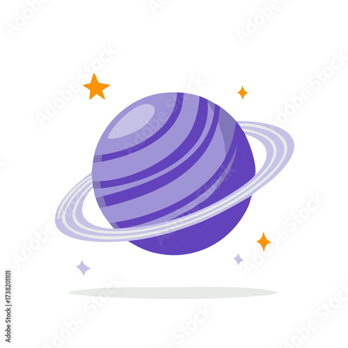 Isolated Cartoon Illustration of a Purple Planet with Rings surrounded by Stars on White
