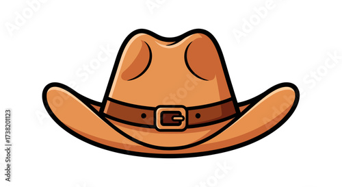 Stylized cowboy hat illustration featuring a brown leather belt and a buckle detail showcasing