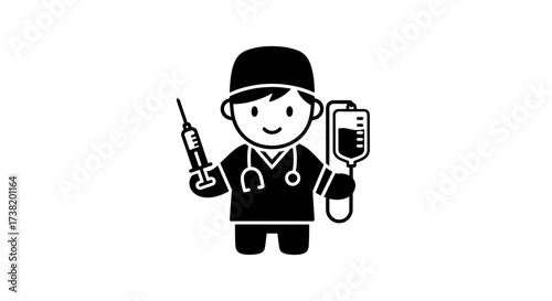 Stylized doctor character holding injection syringe and intravenous therapy drip bag